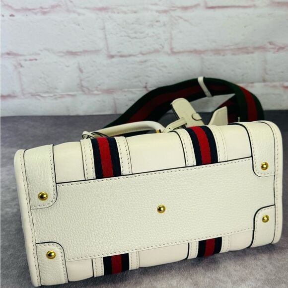 Authentic Gucci Web Sherry Line 2 Way Small Bauletto Leather Bag 715772 White - Picture 6 of 16